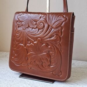 Patricia Nash Florence Floral Tooled Full Grain Leather Crossbody Flap Bag Brown